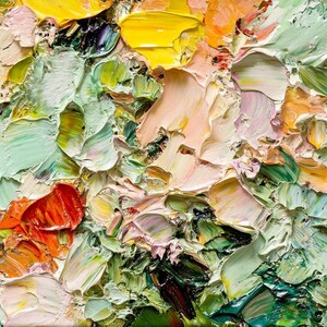 May include: Abstract painting with thick, textured brushstrokes in shades of green, yellow, orange, pink, and white.