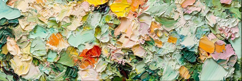 May include: Abstract painting with thick, textured brushstrokes in shades of green, yellow, orange, pink, and white.