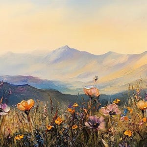 Stor lång bred målning av vildblommor på duk, horisontell 3D-målning med blommig textur, panoramautsikt över solnedgång och äng, väggkonst, heminredning bild 9