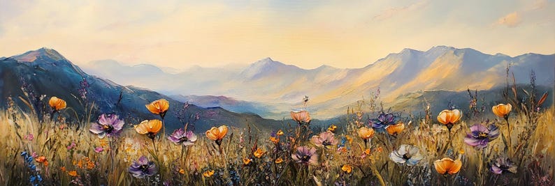 Stor lång bred målning av vildblommor på duk, horisontell 3D-målning med blommig textur, panoramautsikt över solnedgång och äng, väggkonst, heminredning bild 9