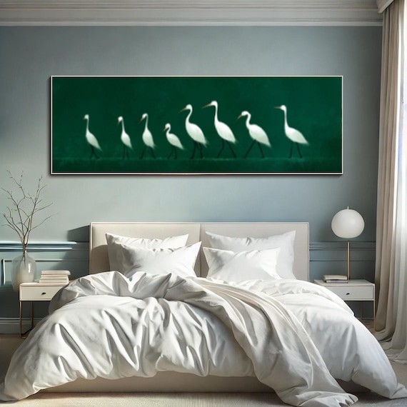Minimalist Bird Art, White Egret Hand Painted Painting, Modern Green Wall Decor, Long Horizontal Wildlife Art Animal Canvas Nordic Style