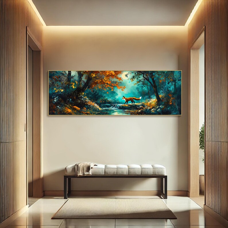 May include: A painting depicting a fox walking through a forest with a stream in the background. The forest is painted in shades of blue and green, with a few trees with orange leaves. The fox is orange and brown.