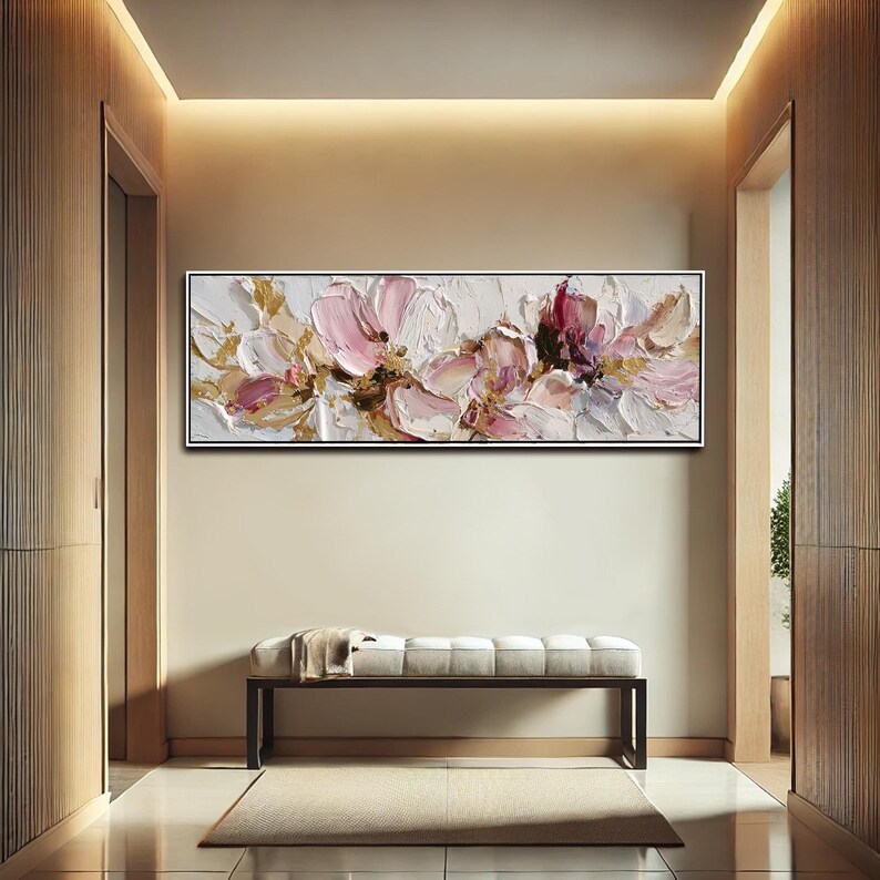 3D Pink White Floral Textured Wall Art Large Abstract Flower Oil ...