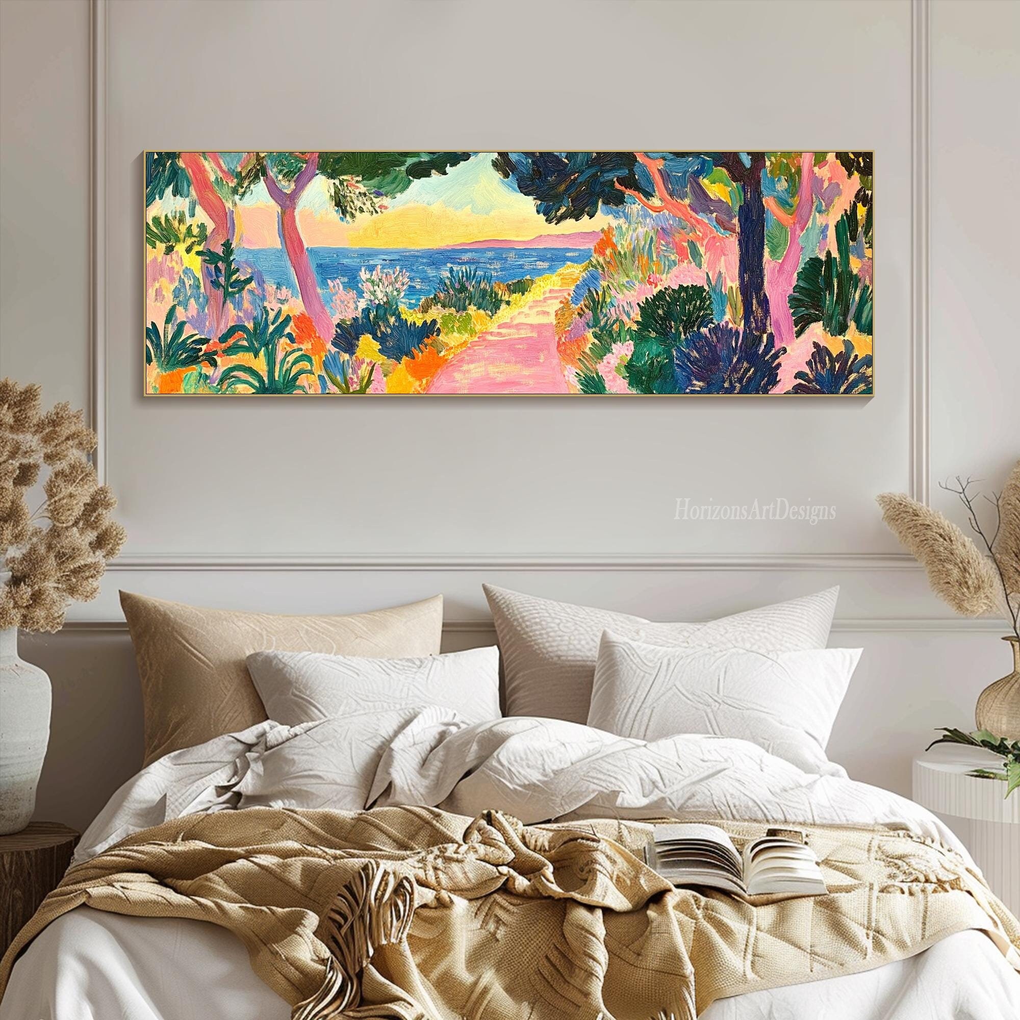 3D Horizontal Coastal Textured Wall Art Large Long Wide Colorful Mediterranean Painting On Canvas Panoramic Vibrant Garden Wall Art