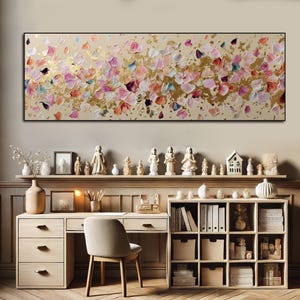 Abstract Floral Panoramic Textured Wall Art Pink and Gold Petals Painting On Canvas Impasto Painting Palette Knife Art Living Room Wall Art image 7
