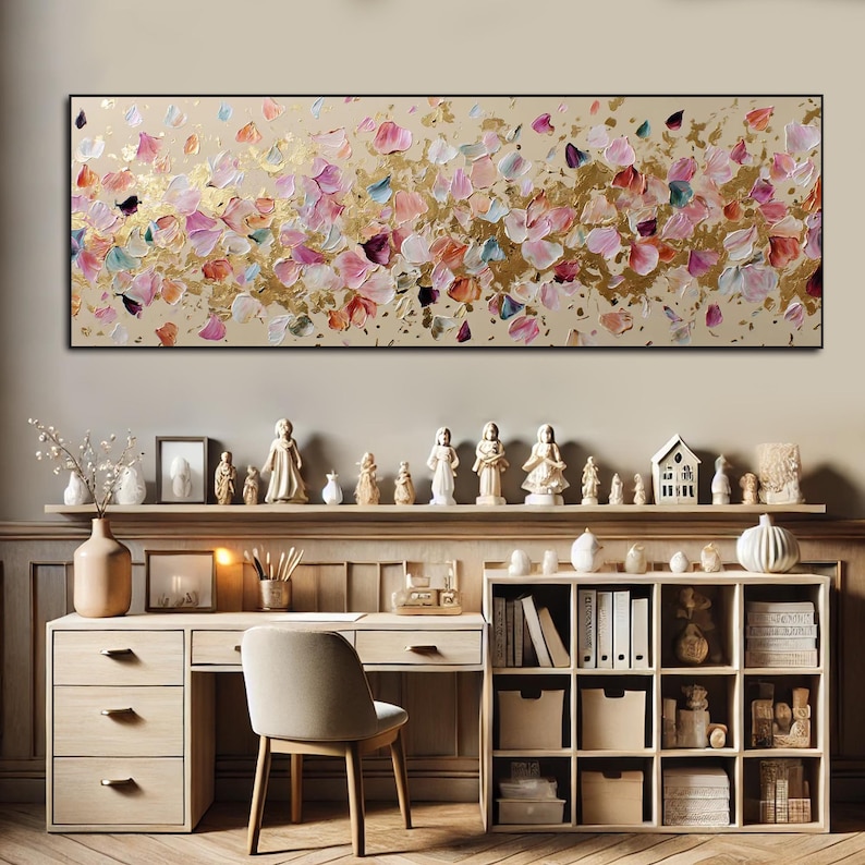 Abstract Floral Panoramic Textured Wall Art Pink and Gold Petals Painting On Canvas Impasto Painting Palette Knife Art Living Room Wall Art image 7