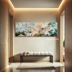 3D Horizontal Turquoise Abstract Flower Textured Wall Art Large Long Wide Ocean Tones Floral Painting On Canvas Panoramic Impasto Wall Art image 5