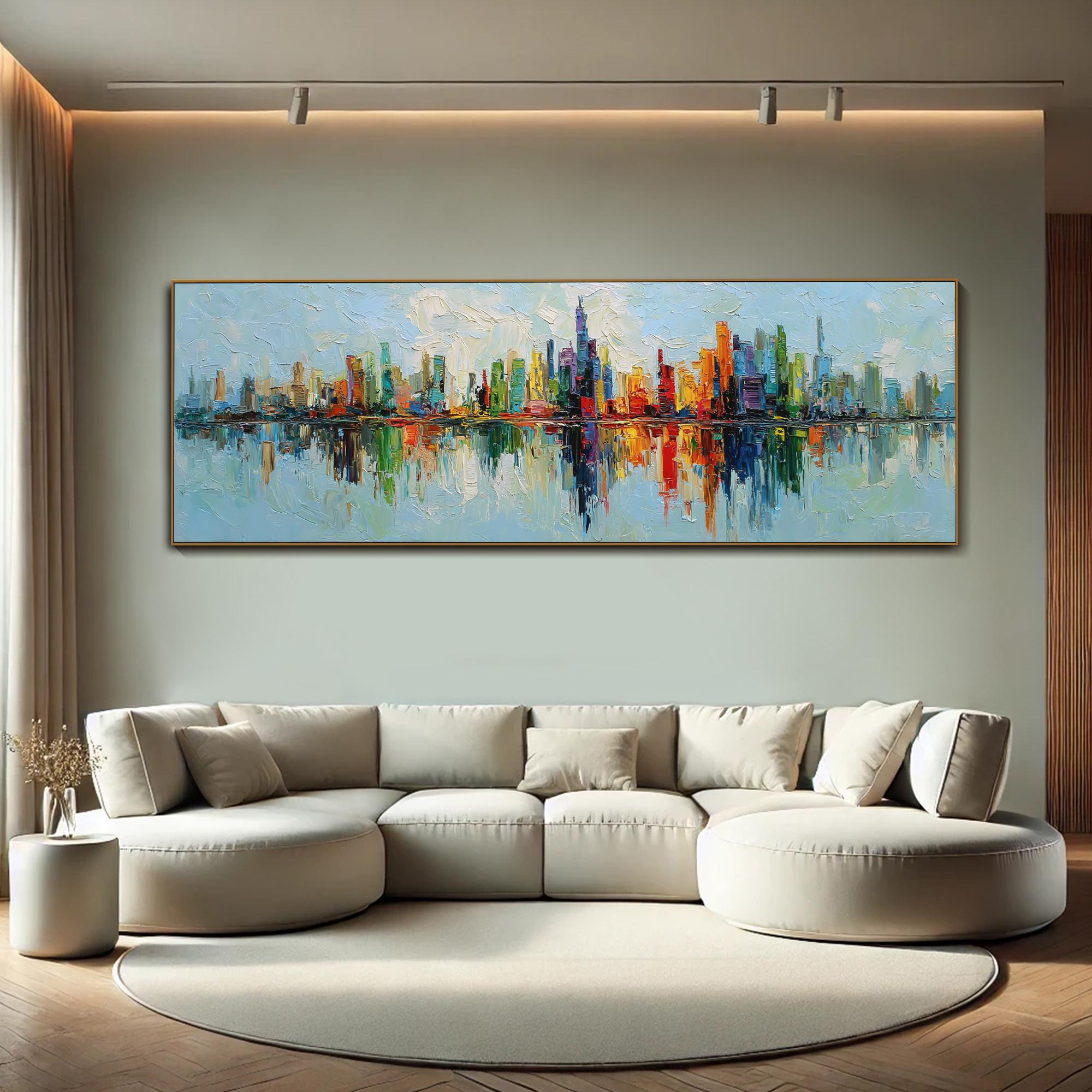 Large Long Wide Colorful City Skyline Panoramic Oil Painting Abstract ...