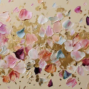May include: Abstract painting with a beige background and scattered, textured brushstrokes in shades of pink, white, orange, and purple. Gold leaf accents add shimmer to the artwork, creating a dynamic and colorful floral-inspired composition.