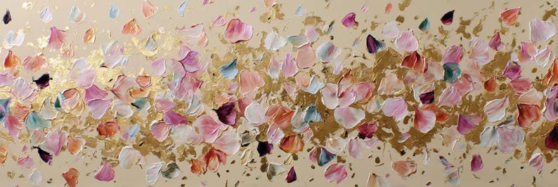 May include: Abstract painting with a beige background and scattered, textured brushstrokes in shades of pink, white, orange, and purple. Gold leaf accents add shimmer to the artwork, creating a dynamic and colorful floral-inspired composition.
