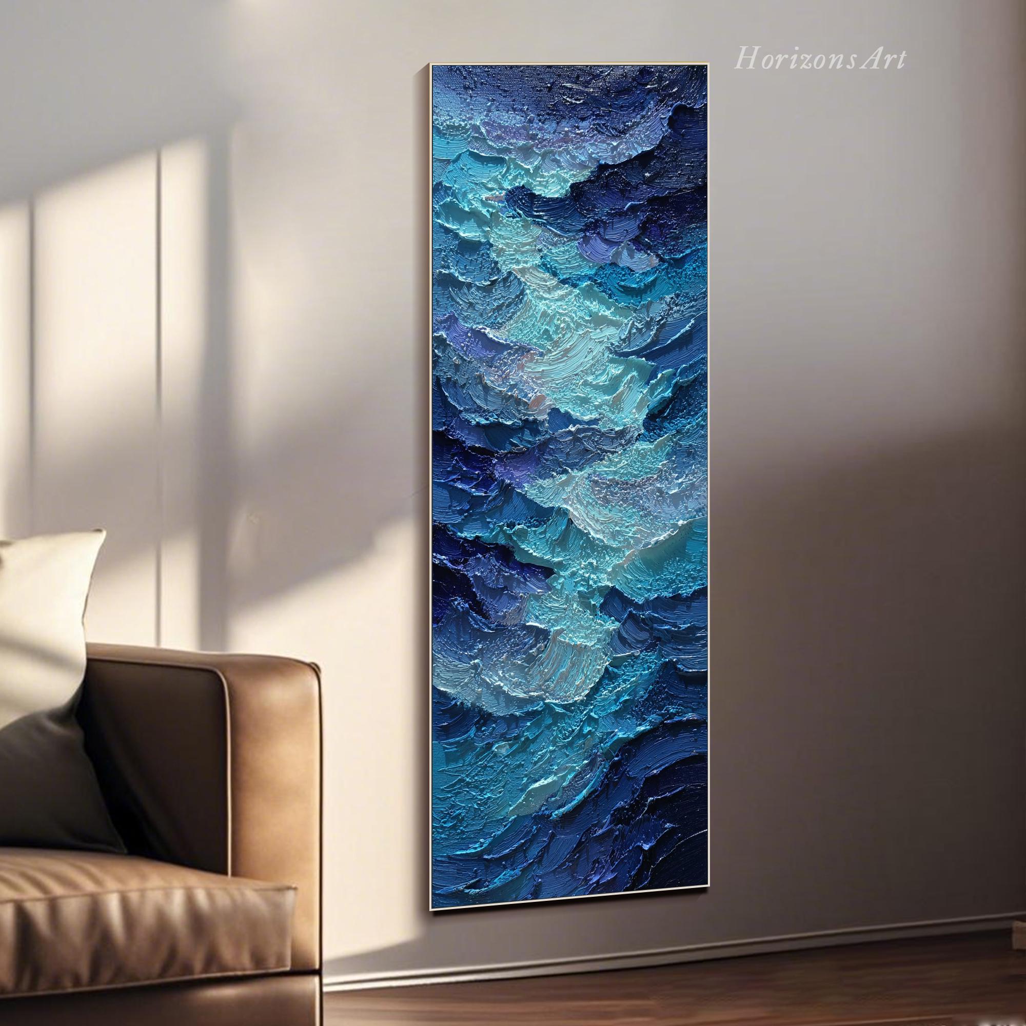 Large Deep Blue Ocean Wave Oil Painting on Canvas 3D Vertical Textured ...