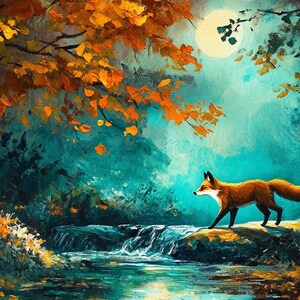 May include: A red fox walks along a stream in a lush forest. The forest is painted in shades of green, blue, and brown. The fox is looking to the right of the image. The background is a misty forest with a full moon.