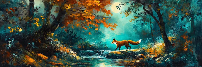 May include: A red fox walks along a stream in a lush forest. The forest is painted in shades of green, blue, and brown. The fox is looking to the right of the image. The background is a misty forest with a full moon.