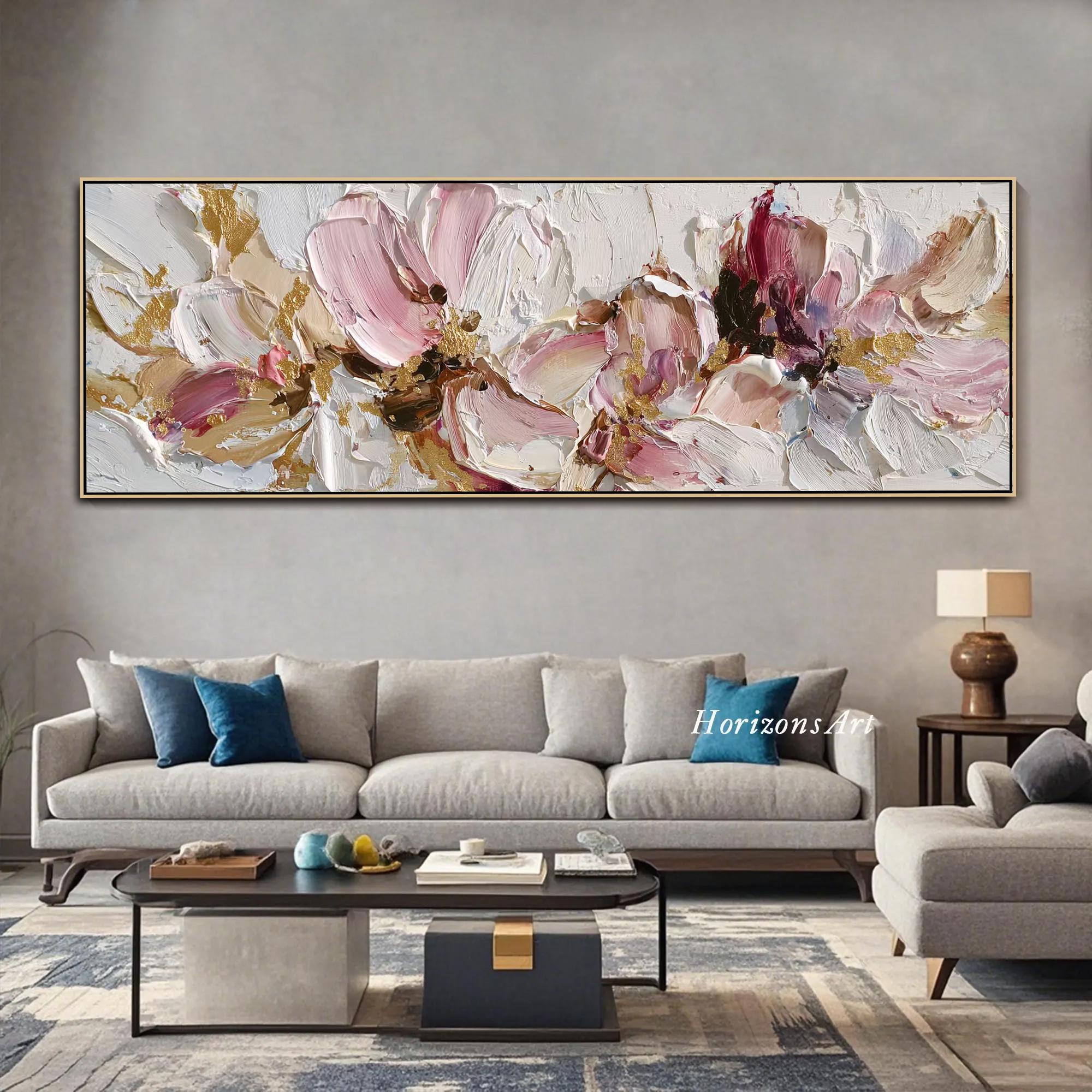 3D Pink White Floral Textured Wall Art Large Abstract Flower Oil ...