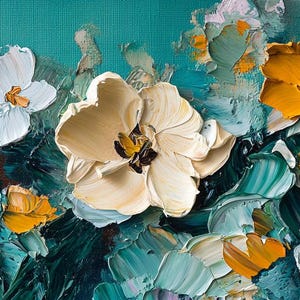 May include: A painting of a floral arrangement with white and yellow flowers on a teal background. The flowers are painted in a thick, impasto style, giving the painting a textured look.