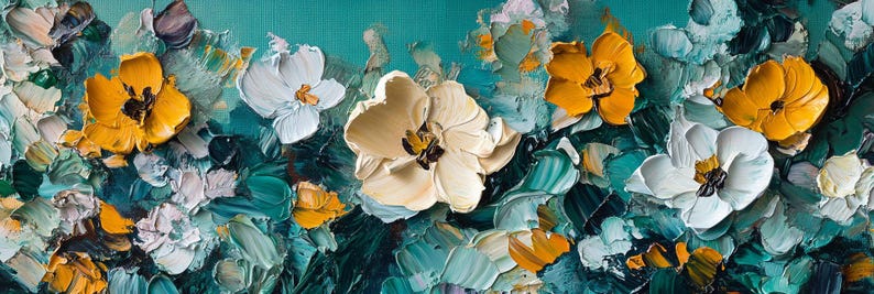 May include: A painting of a floral arrangement with white and yellow flowers on a teal background. The flowers are painted in a thick, impasto style, giving the painting a textured look.