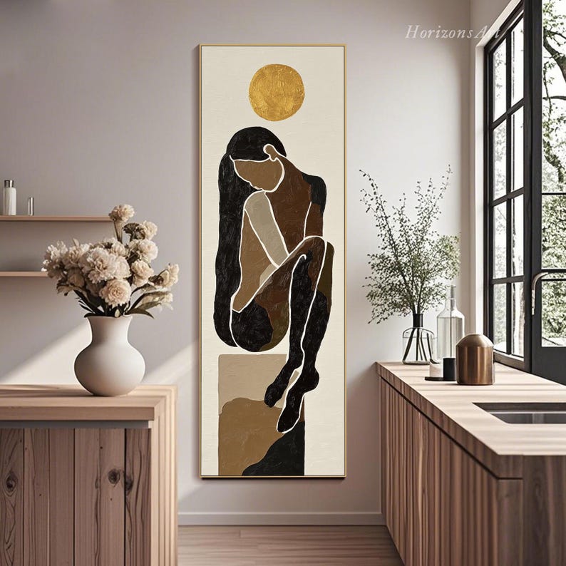 Large Long Wide Minimalist Black and White Silhouette Oil Painting on ...