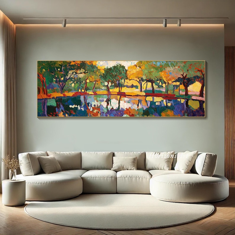 May include: A colorful abstract painting of a landscape with trees reflected in a still body of water. The painting is done in a style reminiscent of impressionism, with bold brushstrokes and vibrant colors.