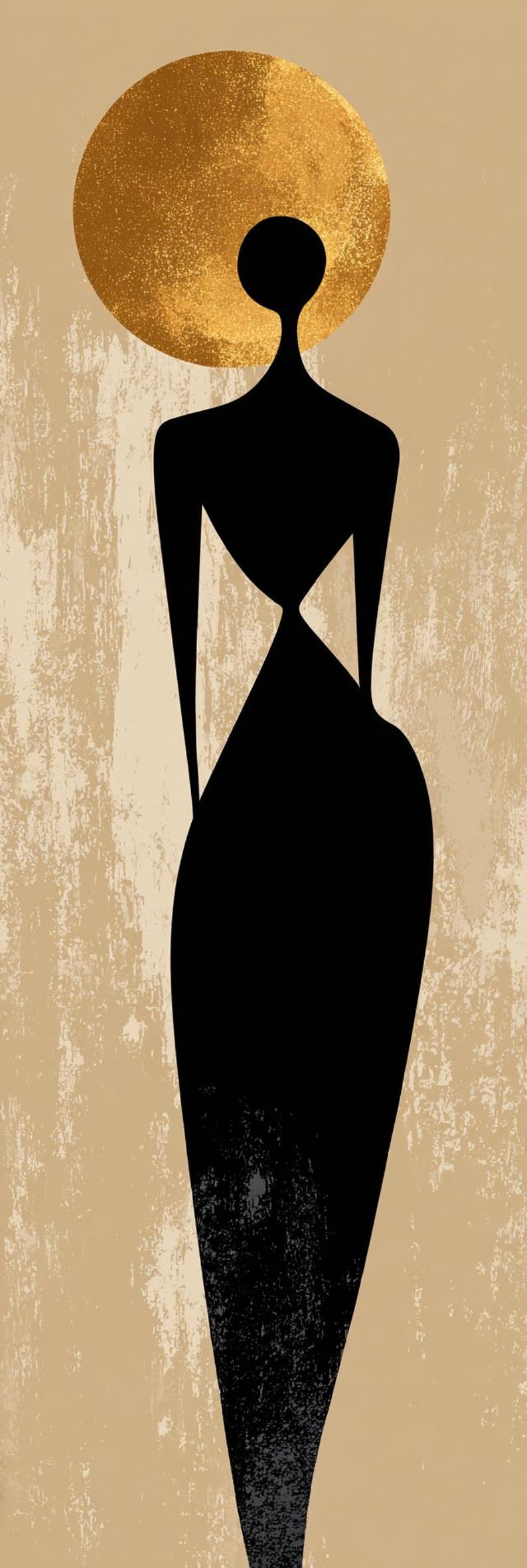 Puede incluir: Impresi&oacute;n art&iacute;stica abstracta que presenta una figura estilizada en negro sobre un fondo beige texturizado. La figura tiene una gran cabeza dorada y un largo vestido negro fluido. La obra evoca elegancia y simplicidad.
