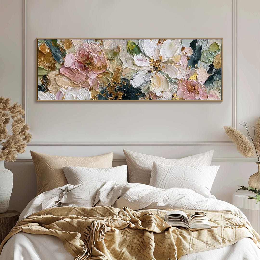 Vibrant White Pink Flower Texture Wall Art Colorful Meadow Abstract Oil ...
