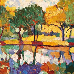 May include: A painting of a landscape with a pond reflecting the trees and sky. The trees are in shades of green, yellow, and orange. The pond is a deep blue with hints of green and purple. The sky is a light blue with white clouds.