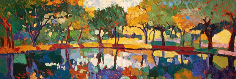 May include: A painting of a landscape with a pond reflecting the trees and sky. The trees are in shades of green, yellow, and orange. The pond is a deep blue with hints of green and purple. The sky is a light blue with white clouds.