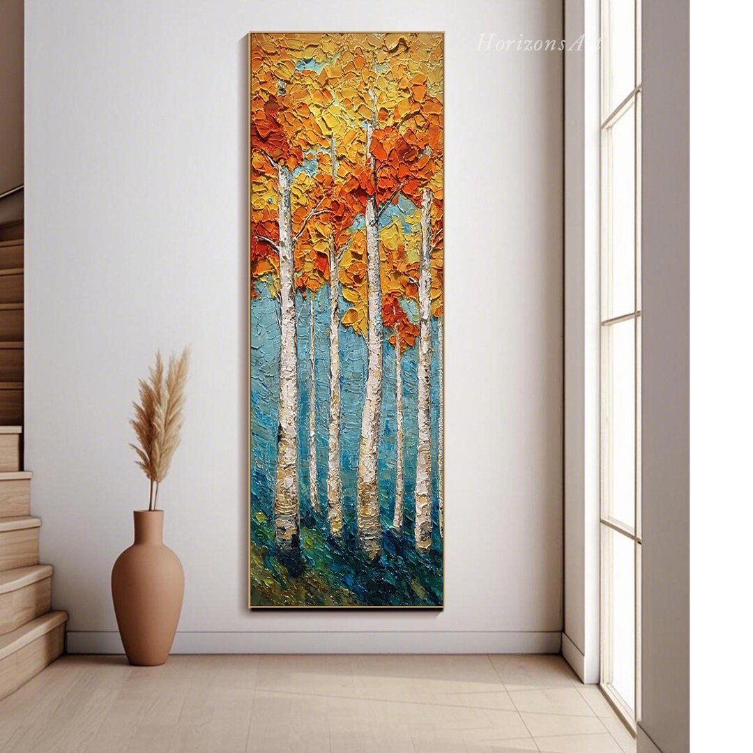Painting on Canvas Textured Wall Art Birch Tree Oil Painting Autumn ...