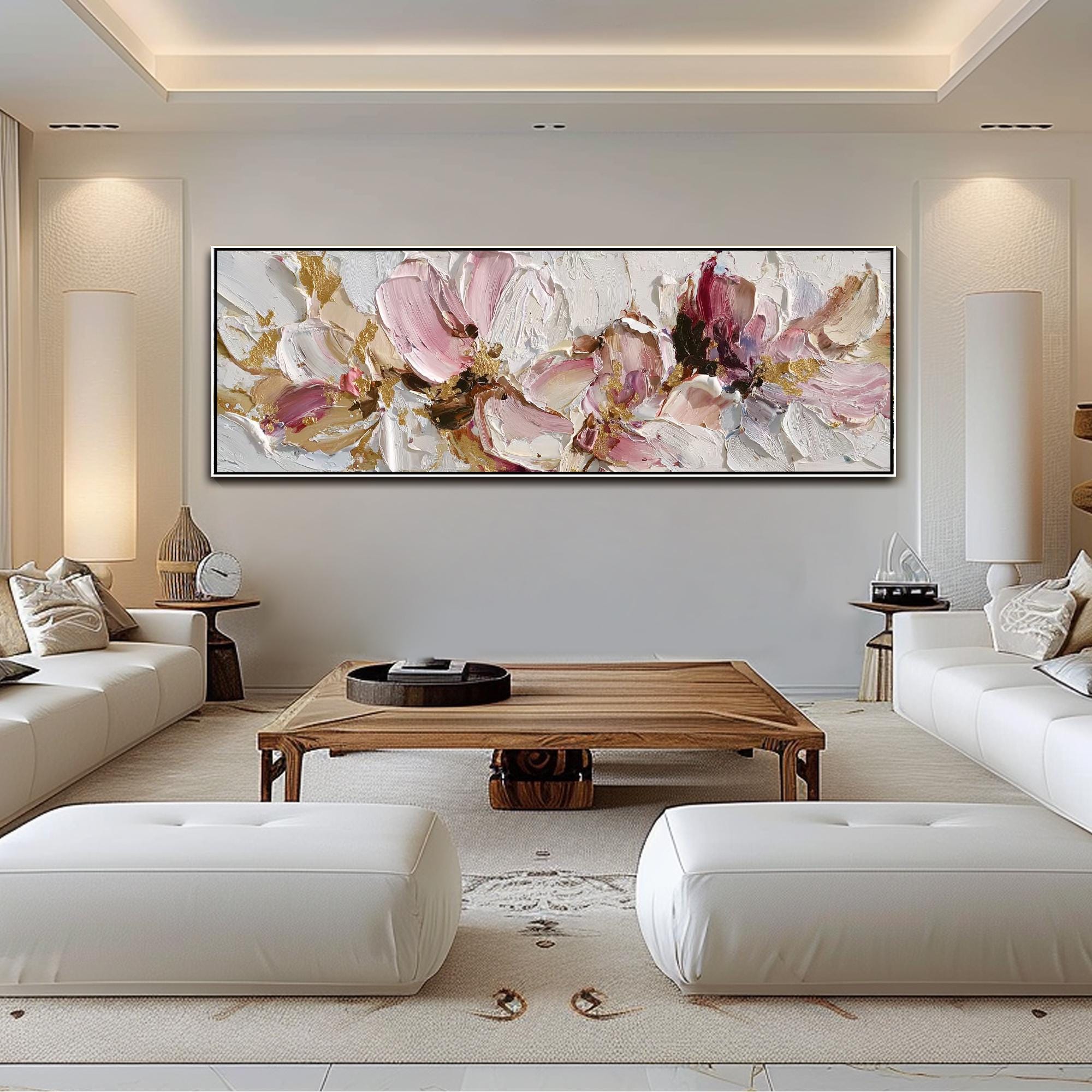 3D Pink White Floral Textured Wall Art Large Abstract Flower Oil ...