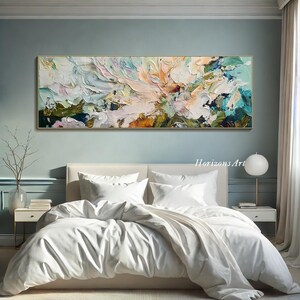 3D Horizontal Turquoise Abstract Flower Textured Wall Art Large Long Wide Ocean Tones Floral Painting On Canvas Panoramic Impasto Wall Art image 7