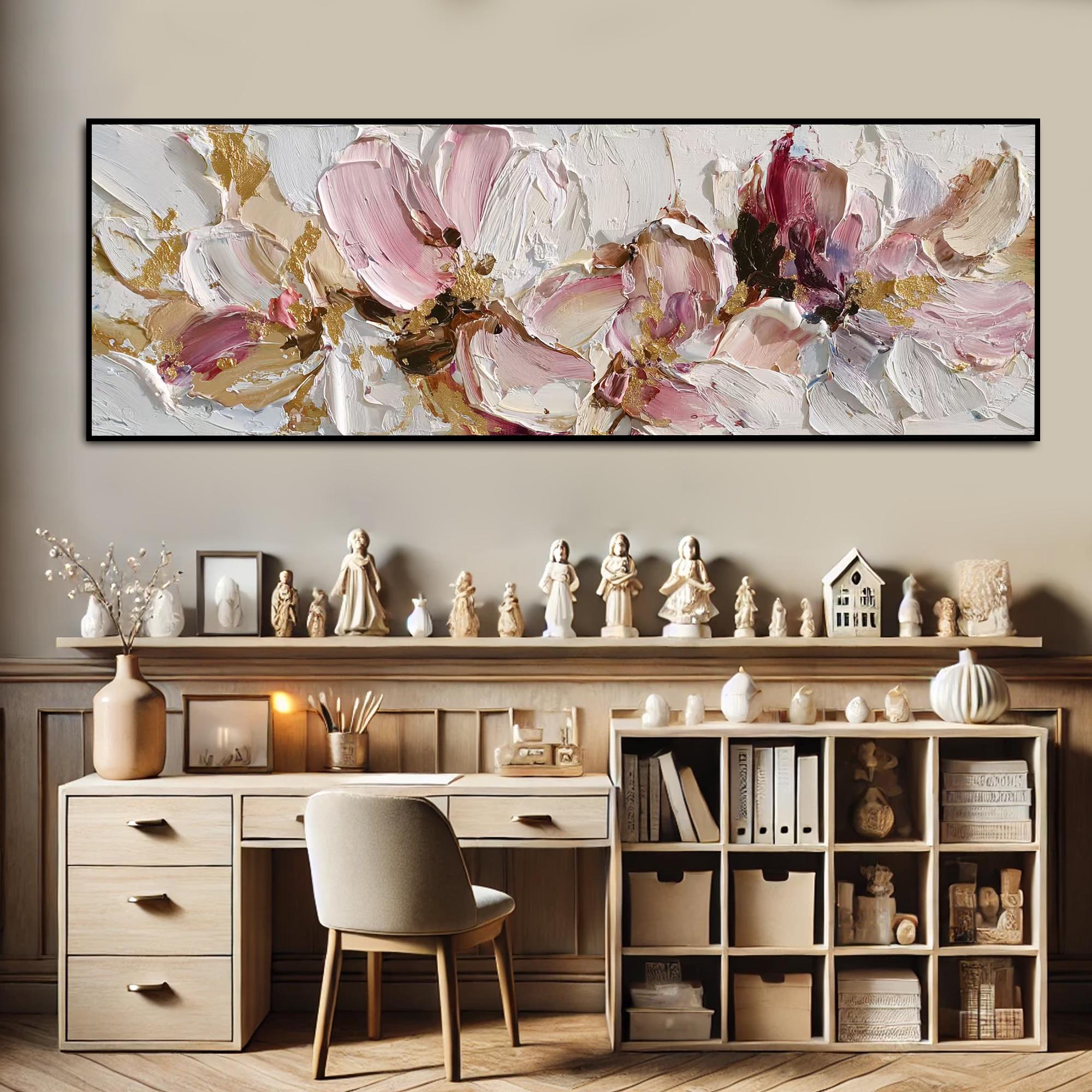 3D Pink White Floral Textured Wall Art Large Abstract Flower Oil ...