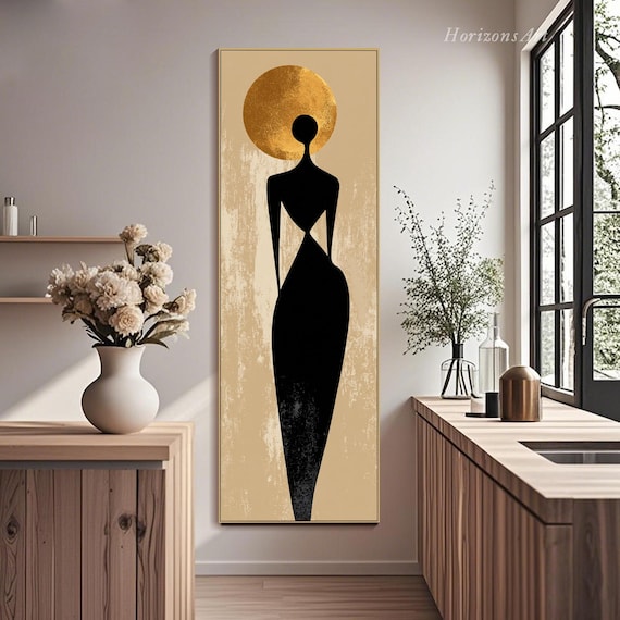 3D Vertical Abstract Black Woman Silhouette Art Large Long Wide Minimalist Gold Halo Oil Painting On Canvas Panoramic Figure Wall Art