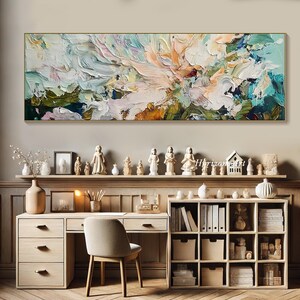 3D Horizontal Turquoise Abstract Flower Textured Wall Art Large Long Wide Ocean Tones Floral Painting On Canvas Panoramic Impasto Wall Art image 6