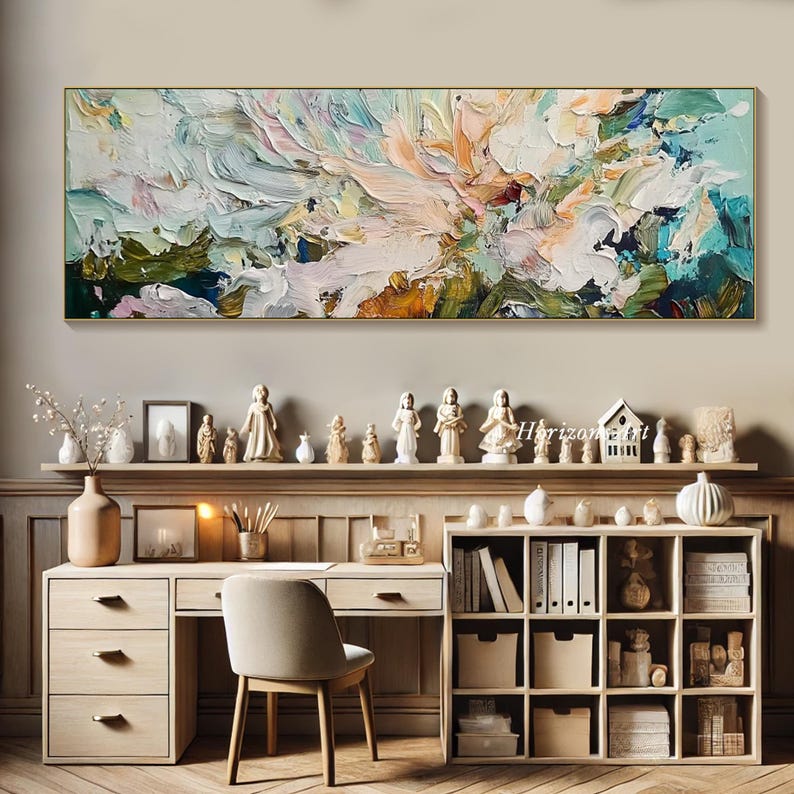 3D Horizontal Turquoise Abstract Flower Textured Wall Art Large Long Wide Ocean Tones Floral Painting On Canvas Panoramic Impasto Wall Art image 6