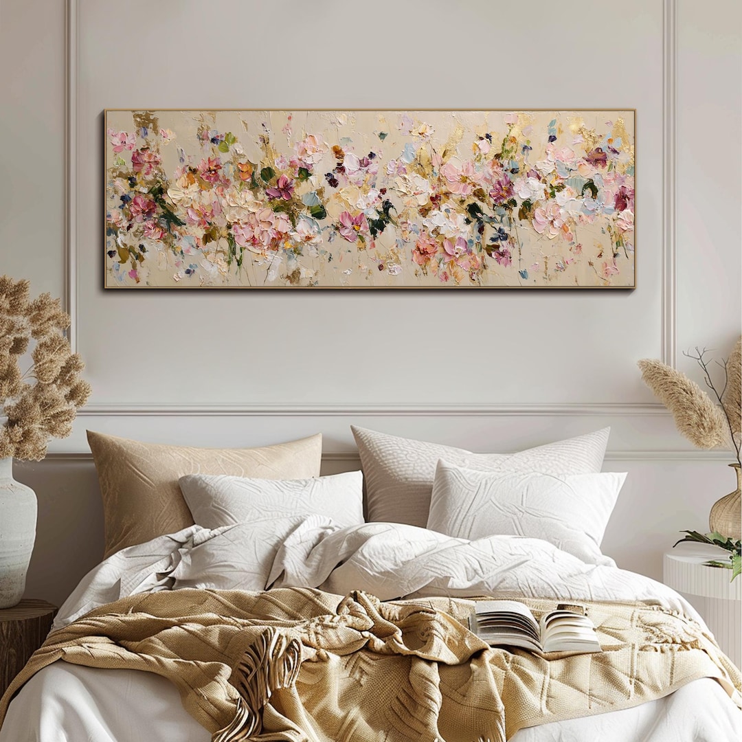 Large Panoramic Gold Leaf Flower Textured Wall Art Pink Floral Oil ...