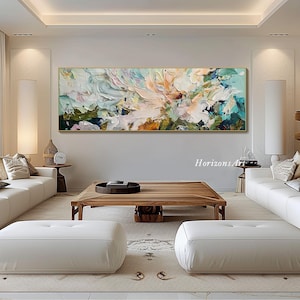 3D Horizontal Turquoise Abstract Flower Textured Wall Art Large Long Wide Ocean Tones Floral Painting On Canvas Panoramic Impasto Wall Art image 4