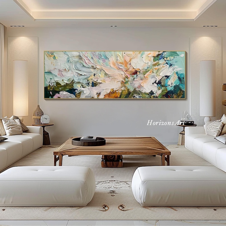 3D Horizontal Turquoise Abstract Flower Textured Wall Art Large Long Wide Ocean Tones Floral Painting On Canvas Panoramic Impasto Wall Art image 4
