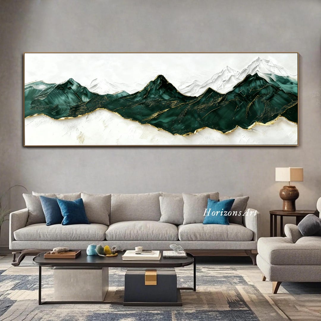 Abstract Mountain Oil Painting on Canvas Textured Wall Art Green Gold ...