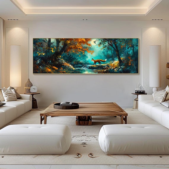 Large Long Wide Original Fox Painting On Canvas Horizontal Woodland Wildlife Textured Wall Art Panoramic Forest Animal Art Living Room Decor