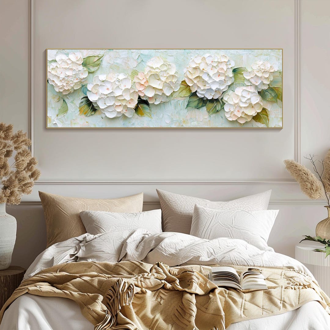 3D Horizontal White Hydrangea Textured Wall Art Large Long Wide Floral ...