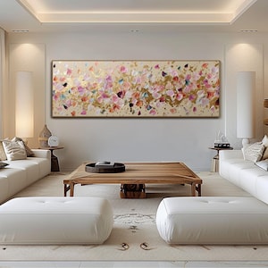 Abstract Floral Panoramic Textured Wall Art Pink and Gold Petals Painting On Canvas Impasto Painting Palette Knife Art Living Room Wall Art image 3