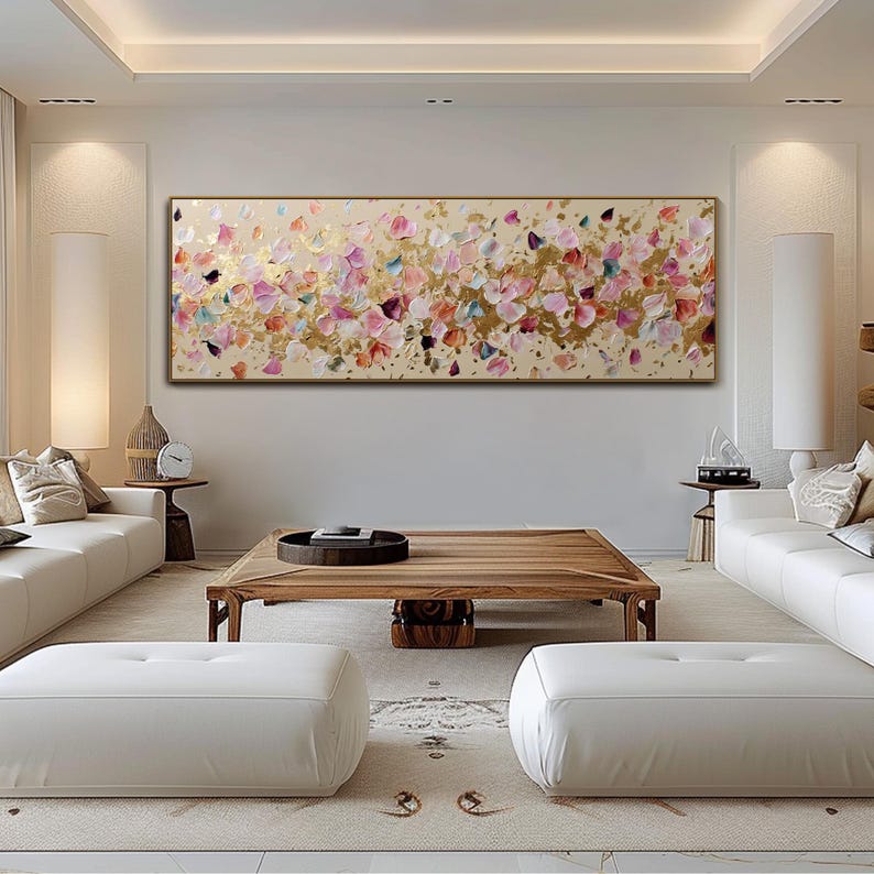 Abstract Floral Panoramic Textured Wall Art Pink and Gold Petals Painting On Canvas Impasto Painting Palette Knife Art Living Room Wall Art image 3