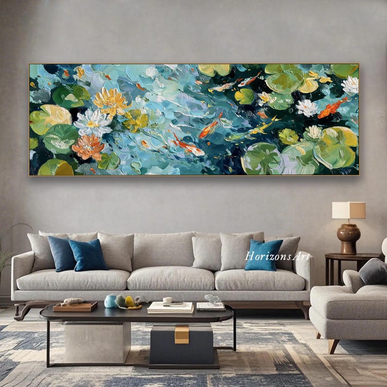 Horizontal Koi Fish Pond Oil Painting on Canvas Textured Lily Pad Wall ...