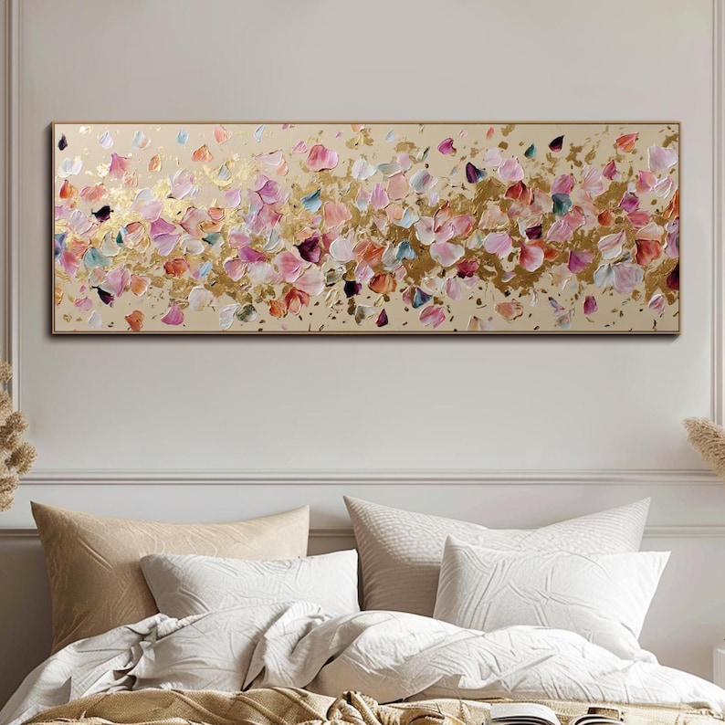 Abstract Floral Panoramic Textured Wall Art Pink and Gold Petals Painting On Canvas Impasto Painting Palette Knife Art Living Room Wall Art image 1