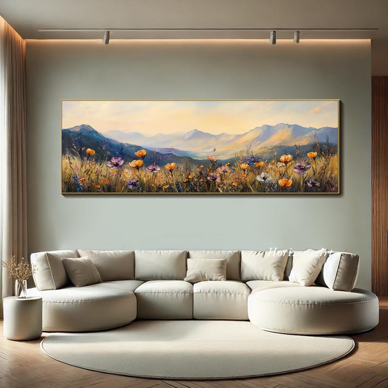 Stor lång bred målning av vildblommor på duk, horisontell 3D-målning med blommig textur, panoramautsikt över solnedgång och äng, väggkonst, heminredning bild 2