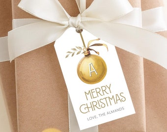 Gold Monogram Ornament Gift Tag | Printed and Personalized Christmas Gift Tags | Custom Monogram Christmas Holiday Gift Tags