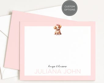 Personalized Puppy Note Cards for Girls | Cute Dog with Bow Kids Stationery Set | Personalized A2 Flat Cards, Set of 10