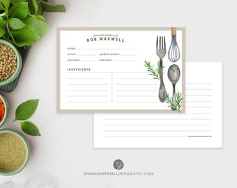 Personalized Recipe Card | Custom Printed Recipe Cards | 6x4 Two-Sided Recipe | Set of 12 Kitchen Utensil and Herb Recipe Card | 4x6 Recipe