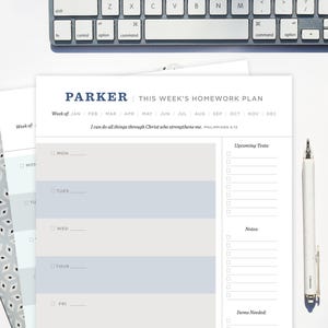 May include: A white weekly homework planner with the text "PARKER THIS WEEK'S HOMEWORK PLAN" and a keyboard, mouse, and pen. The planner has sections for each day of the week, upcoming tests, notes, and items needed.