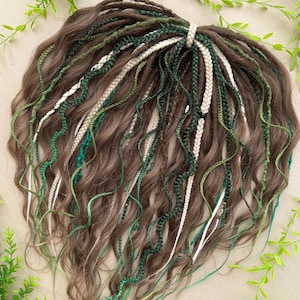 Green & Brown Ombre Dreads – Woodland Curls, Forest Braids, Witchy Synthetic Hair Extensions, Boho Festival Dreadlocks Set