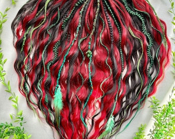 Burning Ivy Dreads – Red, Brown, Black, Green Curly Braids & DE Dreadlocks Set • Boho Fantasy Hair Extensions, Long Synthetic Dread
